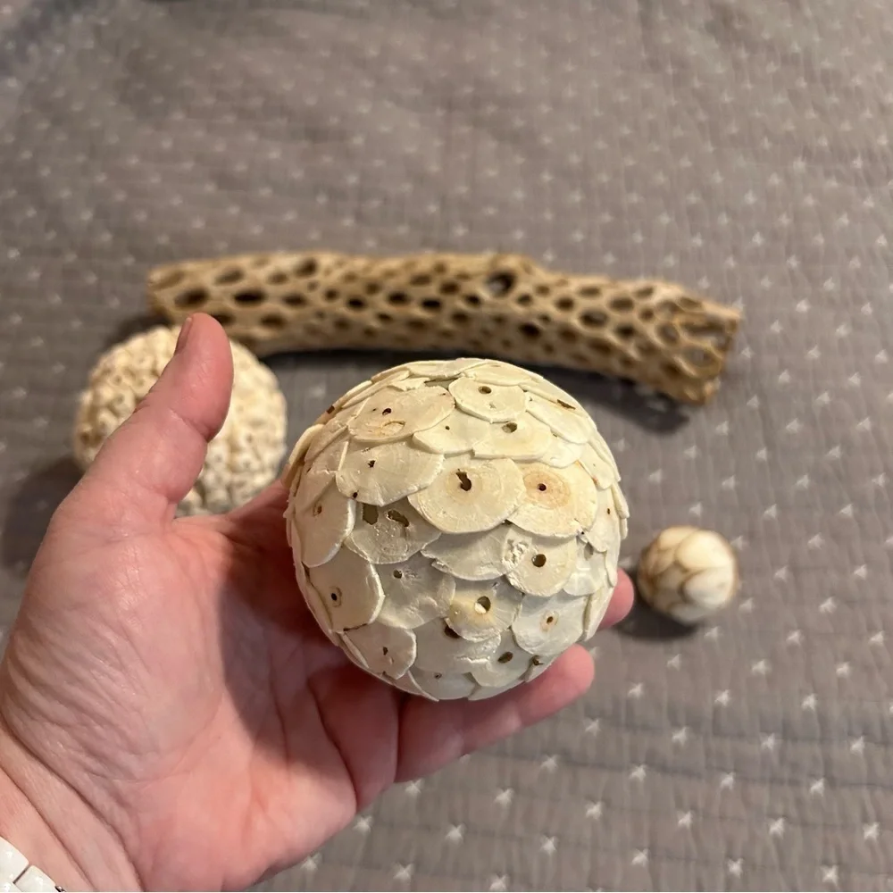 Decorative Natural Textured Spheres and Faux Drift Wood Decor - 7pc Set